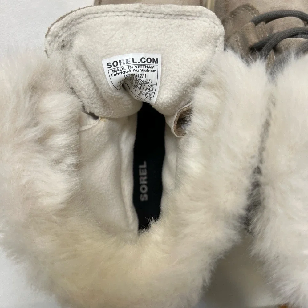 Sorel Explorer Boots Gray Suede w/ White Faux‎ Fur Size 7.5